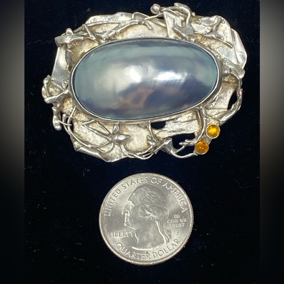 Antique 925 Sterling Silver brooch W/Mother Of Pearl And Amber - Picture 12 of 13